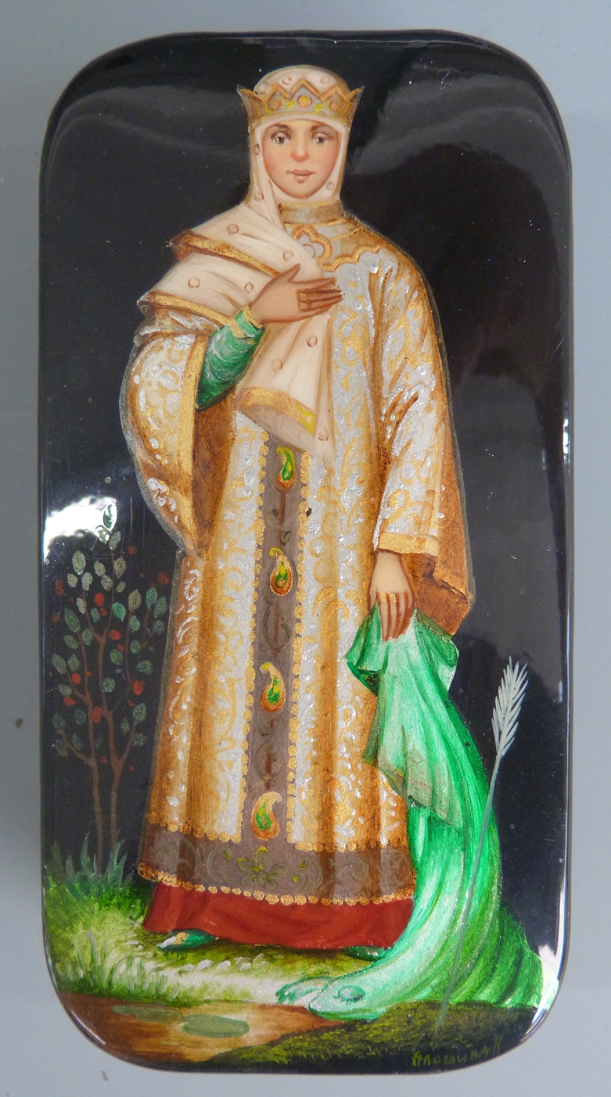 Two Russian lacquer boxes, one depicting a lady in traditional dress (approximately 5cm x 10cm x 2. - Image 2 of 4