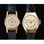 Two ladies wristwatches, one MuDu 18ct gold the other Eterna 9ct gold, both on black leather straps.