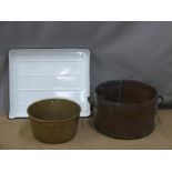 Large copper two handled pan, width 52cm, brass pan and an enamel tray
