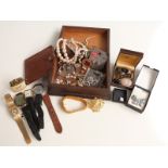 A collection of costume jewellery and watches including Avalon, reverse painted tie clip, etc