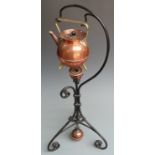 Arts and Crafts Benham & Froud copper and wrought iron spirit kettle on stand, designed by