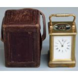 Early 20thC brass carriage clock with corniche style case, the enamel Roman dial with Breguet
