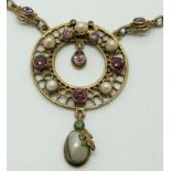 Austro Hungarian silver gilt necklace set with pink paste and pearls