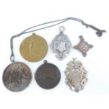A boxing medal, WWI medal, silver St Johns medal, Victorian silver fob etc