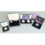 Royal Mint silver proof cased coins comprising Queen Mother Centenary crown, a pair of Millennium