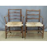Pair of 19thC rush seated country armchairs