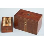Georgian mahogany and parquetry inlaid tea caddy with feather banded edge, the lid opening to reveal