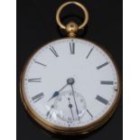 John Le Gallais 18ct gold open faced pocket watch with inset subsidiary seconds dial, blued hands,