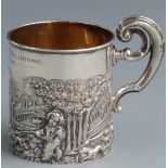 Victorian hallmarked silver christening cup or mug with embossed landscape including figures