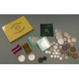 Small collection of coins including Victorian silver examples, a pair of WWII medals, and three