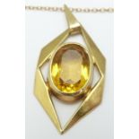 Art Deco 9ct gold pendant set with an oval cut citrine and chain, in vintage Cheltenham box, 3.2g