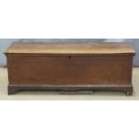 Antique elm or oak topped long coffer or sword box, L130 x D42 x H48cm