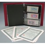 Approximately 100 uncirculated overseas banknotes and late 19th and early 20thC cheques etc and a