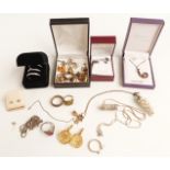 A collection of silver jewellery including rings, necklace, earrings, cufflinks etc