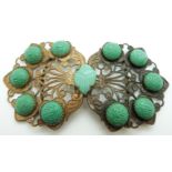 Czech Art Deco buckle set with glass cabochons