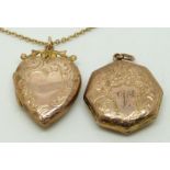 Victorian yellow metal heart shaped locket with engraved decoration and a 9ct gold chain and a