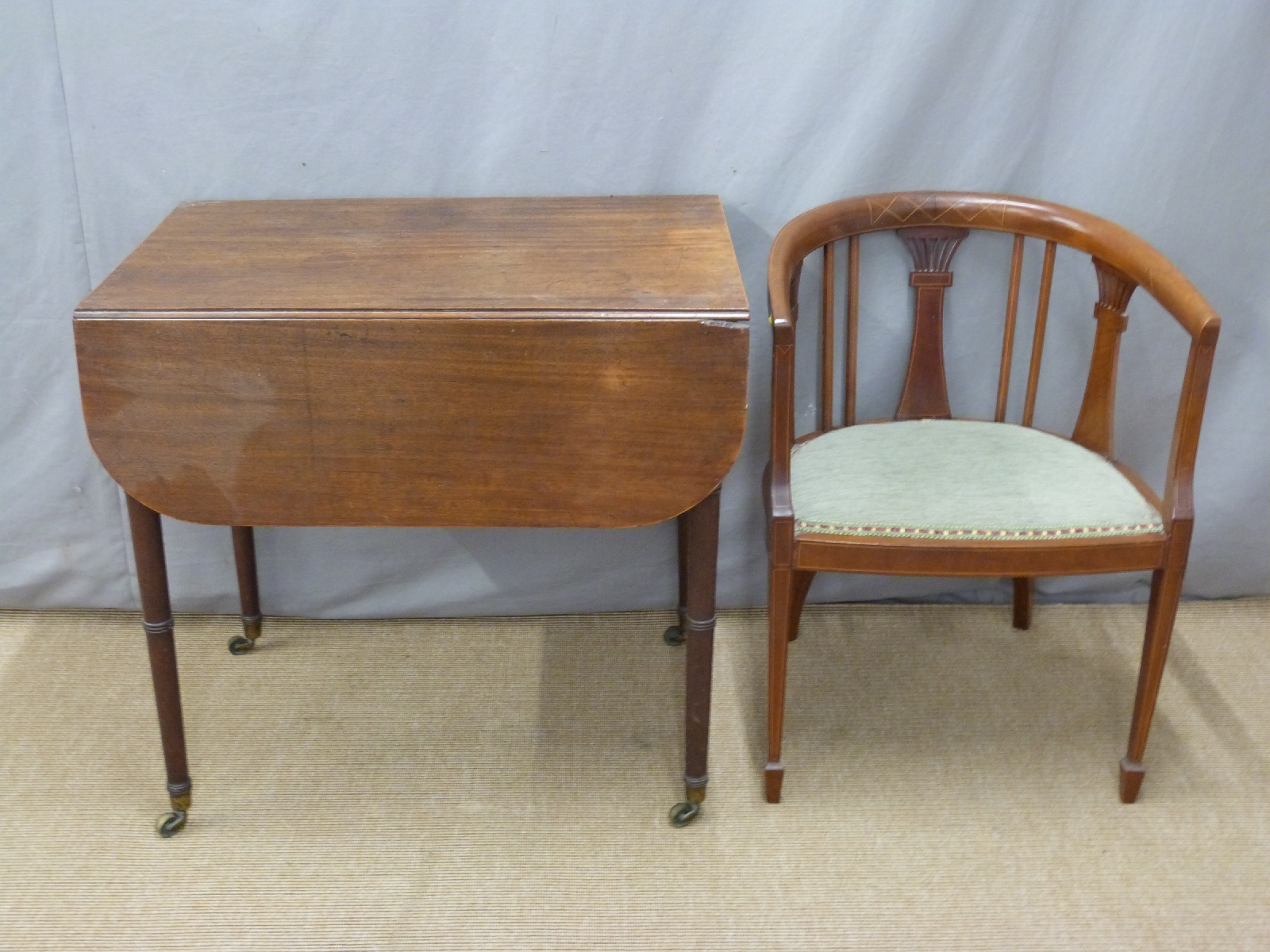 19thC mahogany Pembroke table, length 77cm, and an Edwardian tub chair