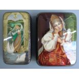 Two Russian lacquer boxes depicting ladies in traditional Russian dress, signed (approximately 9cm x