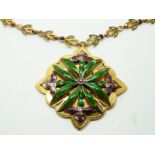 A 9ct gold bespoke necklace set with purple and green enamel, in original box with original coloured