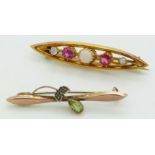 A 9ct gold brooch set with pink sapphire, paste and opals and a 9ct gold brooch set with paste, 2.