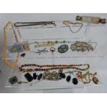 A collection of Victorian jewellery and items including chatelaine, Art Nouveau brooches, yellow