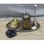 19thC brass mounted horses hoof inkwell, inlaid hammered tray, binoculars, Robert Welch stainless