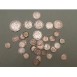 A collection of silver UK coinage including George III sixpence with semee of hearts 1787, Victorian