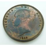 1853 Victoria young head copper penny, OT some lustre, DEF far colon, EF-Unc