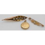 Edwardian seed pearl brooch, 9ct gold leaf brooch, and a 9ct gold locket, 8.6g
