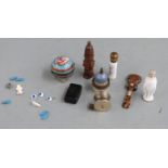Small collection of bijouterie items including scent bottles, St Paul's enamel pot, silver plated