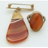 A 9ct gold brooch set with agate and a 9ct gold ring set with agate