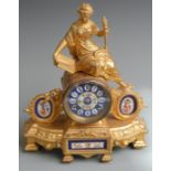 Japy Freres gilt figural mantel clock with painted porcelain dial and panels, 31cm tall