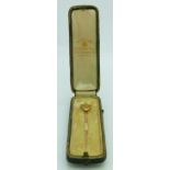 Victorian 9ct gold stick pin set with an old cut diamond, in original box, 1.2g
