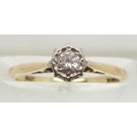 A 9ct gold ring set with a round cut diamond measuring approximately 0.2ct, 1.6g, size K
