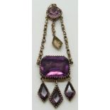 Georgian white metal/ rose metal pendant set with foiled amethyst and seed pearls, length 6.5cm