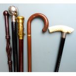 Five walking sticks with various ornamental handles