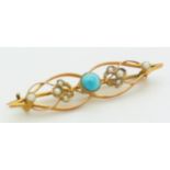 Edwardian 9ct gold brooch set with a turquoise cabochon and seed pearls, 1.8g