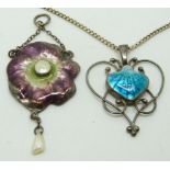 Arts & Crafts pendant set with enamel and pearls, 5 x 2.5cm and a Newlyn enamel Arts and Crafts