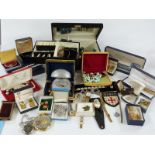 A collection of costume jewellery including beads, Waterman pen, silver necklace, cufflinks,
