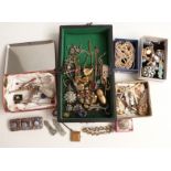 A collection of costume jewellery including cufflinks, Victorian brooches, silver cheroot holder,