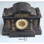 19thC slate mantel clock with Greek-style embellishments to case, the Arabic ivory coloured