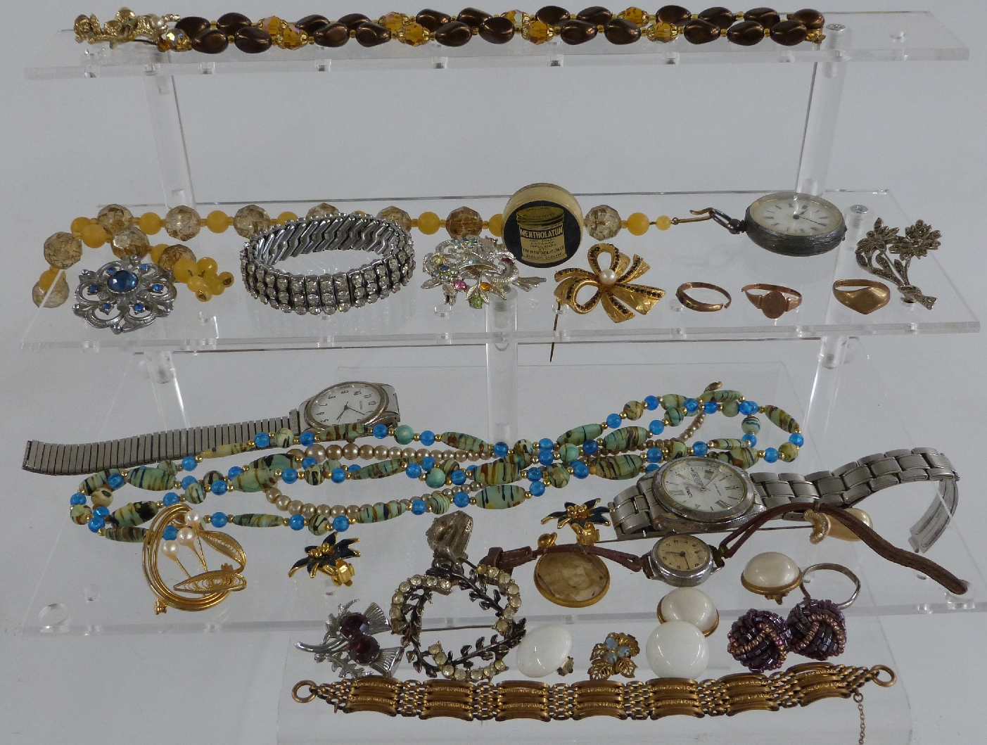 A collection of costume jewellery including 9ct gold watch back, rings, beads, watches, silver - Image 2 of 2