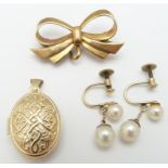 A 9ct gold bow brooch, 9ct gold locket and a pair of 9ct gold earrings set with pearls, 5.4g