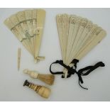 Victorian seal with ivory handle, approximately 7cm tall, two pierced fans, a bone handled brush and