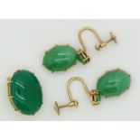 A pair of 18ct gold earrings set with two jade cabochons to each and 9ct gold brooch set with agate