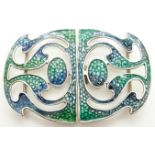 A silver Arts & Crafts style buckle set with green and blue enamel