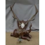 Decorative elephant length 50cm, novelty bronze or similar fox holding a tray and a set of antlers