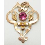 Art Nouveau 9ct gold pendant set with a pink topaz by S.Bros, 1.5g