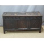 Antique oak panelled coffer with carved decoration and peg joints, W131 x D53 x H66cm