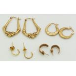 Three 9ct gold earrings (3.3g) and a pair of silver gilt earrings